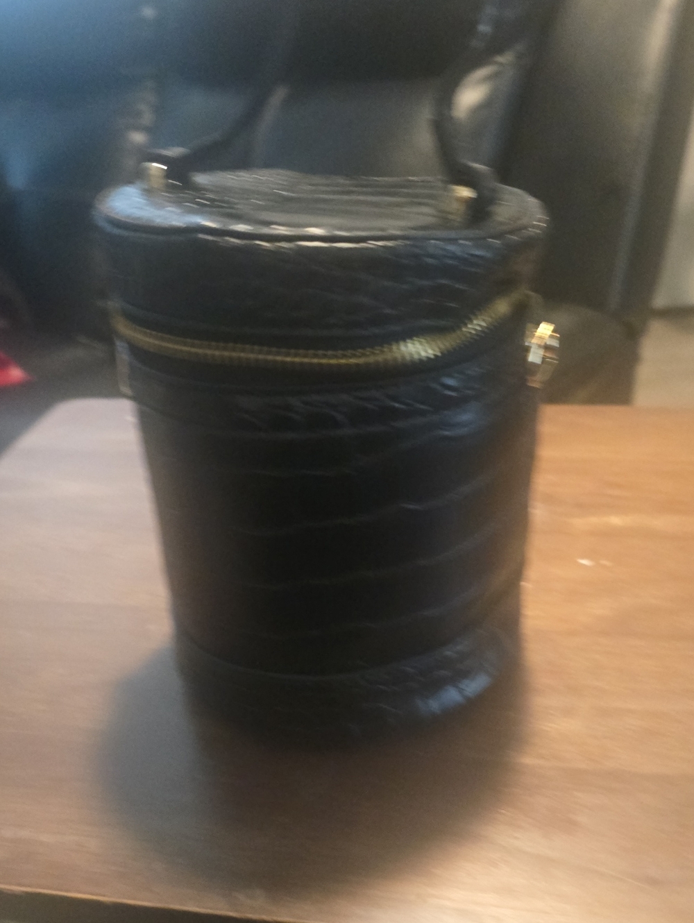 SHEIN Black Croc-Texture Cylinder Toiletry Bag with Gold Hardware